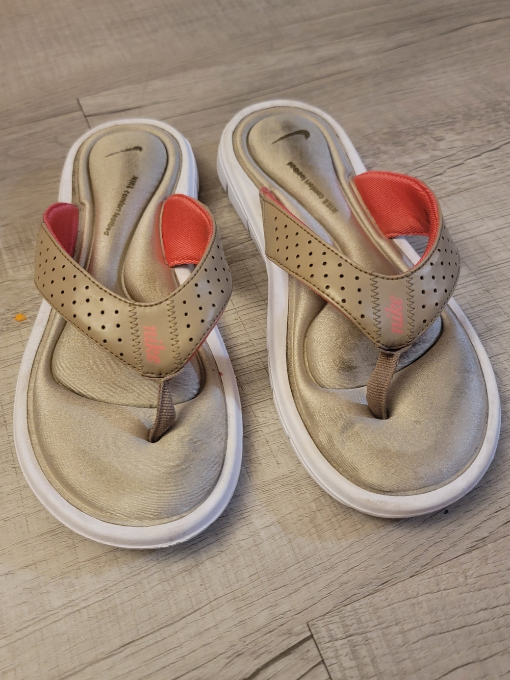 Nike Women’s Gold and Coral Cushioned Thong Sandals